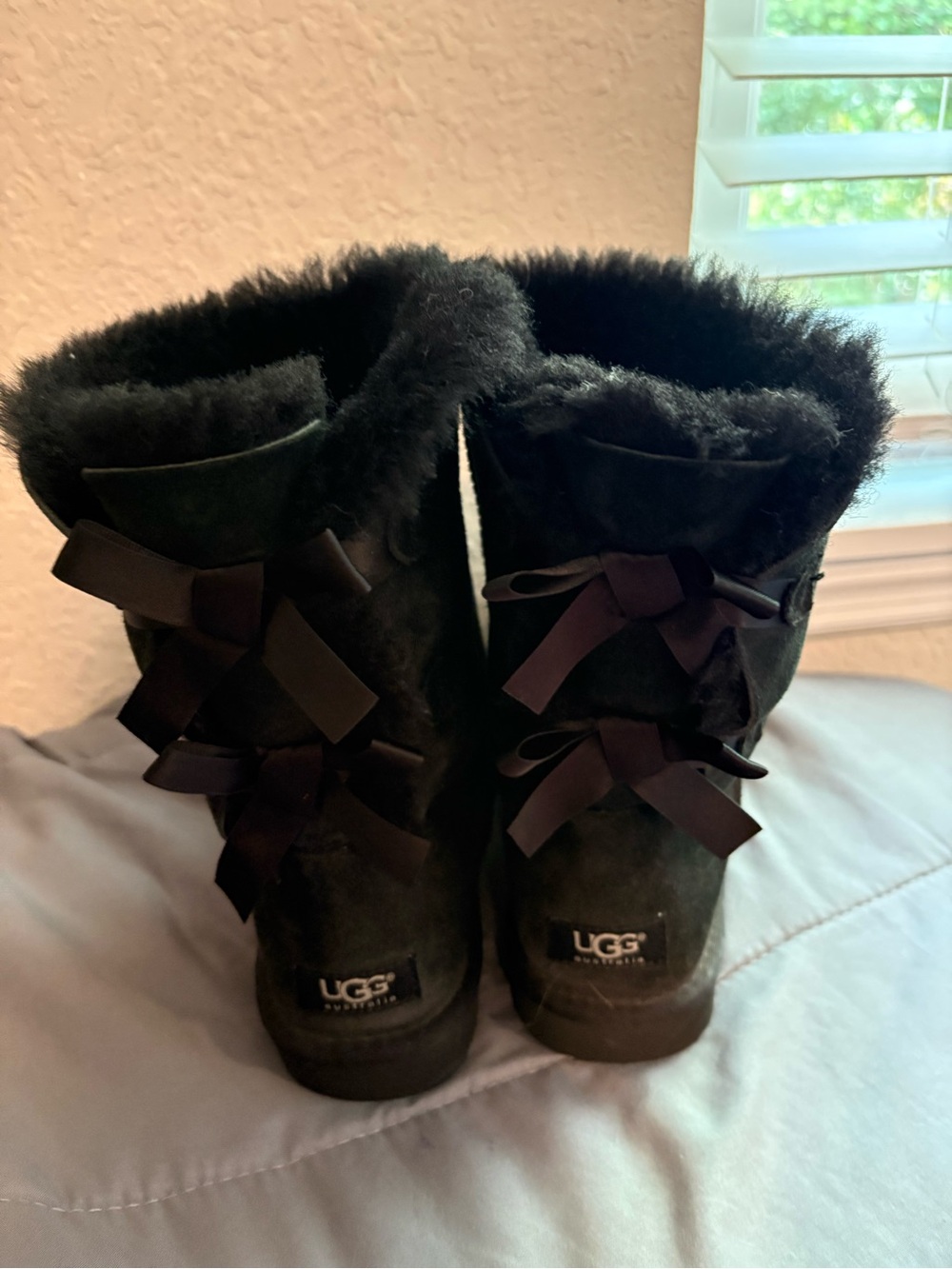UGG Black Suede Bailey Bow Back Shearling Boots